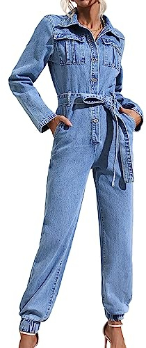 XUSAI Damen-Jeansoverall mit Langen Ärmeln und Knöpfen, modisch, schmal, blau, Langer Jeans-Overall mit Gürtel