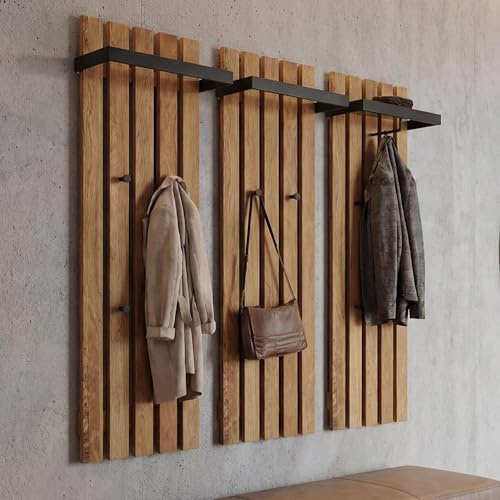 MCA 3er-Set Garderobenpaneel HWC-P57 4 Haken Metall 120x40cm Eiche | Wandgarderobe, Garderobenleiste, Holzgarderobe