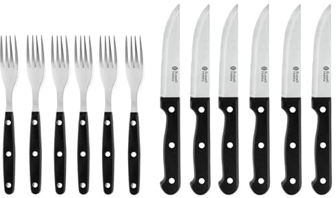 Russell Hobbs 12 teiliges Steakbesteck für 6 Personen, Traditionelle Edelstahl Steakmesser und Steakgabeln, Messer und Gabel Set für BBQ & Grill, Pizzabesteck, Hochwertiges besteck, 6 Messer, 6 Gabeln