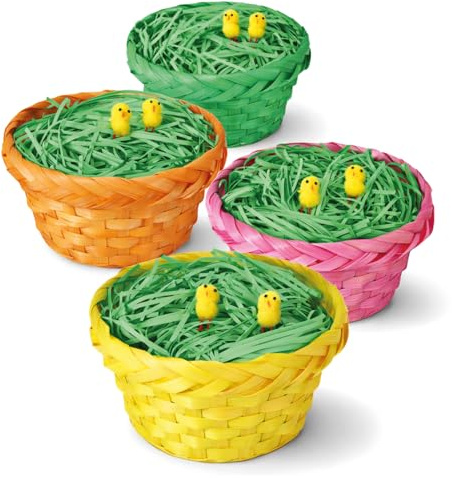 Festicy Osterkörbchen Set mit 4 Körben I Ø19 x 10 cm I inkl. Grünem Ostergras 100 g und 8 Küken I Osternest Gefüllt für Kinder I Osterkorb für Kinder I Easter Basket I Oster Deko Geschenkidee