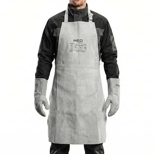 NEO TOOLS Hochwertiger Schweißerschürze aus Leder 60 x 90 cm, Strapazierfähiger Schutz für Schweißarbeiten, Hitzebeständig und flammhemmend, Verstellbarer Nackengurt und Taillenband