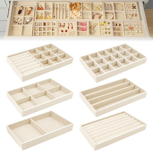 SUKARNE 6Pcs Schmucktablett,Samt Schmuckeinsatz für Schubladen,Stapelbar Schmuck Organizer,Schmuckaufbewahrung Schublade für Ohrringe Ring Armband Broschen Halsketten(Beige)