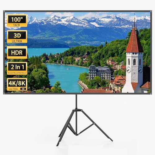 WASJOYE Beamer Leinwand Stativ, 100Zoll Tragbarer Projektionsleinwand Außenbereich Innenbereich, 1.2 Gewinn Gewebter Beamer, 16:9 Film PVC -Bildschirm mit Tragetasche für Filmabend (Grauer Bildschirm)