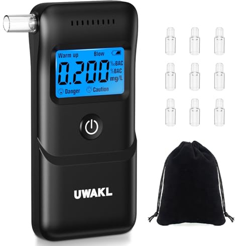 Alkoholtester Polizeigenau Professioneller Alcohol Tester: Hochpräziser Promillemessgerät mit 10 Mundstücken - Tragbarer Promilletester mit Digitalem LCD-Anzeige - Atemalkoholtester Heim Partygebrauch