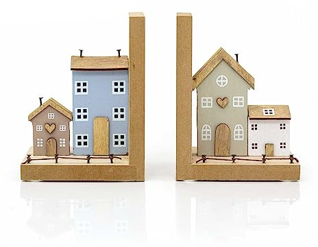 Buchstützen aus Holz | Paar Shabby Chic Reihenhaus Buchstützen | Set mit 2 Buchstützen aus Holz für Regale