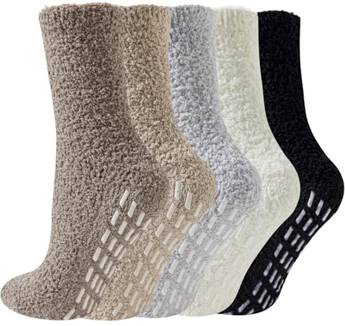 Hocerlu Kuschelsocken Stoppersocken mit Noppen für Damen 5 Paar, EU 35-42 | Flauschige Antiruschsocken, Warme und Dicke Wintersocken, Thermosocken, Haussocken, Bettsocken, Geschenke für Frauen