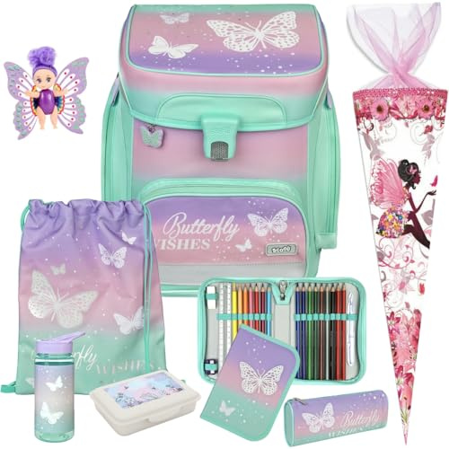 Pridera Scooli Schulranzen 1.Klasse Mädchen Butterfly Wishes Schmetterling EasyFit Schulranzen-Set (9tlg. Set mit Brotdose Trinkflasche passend dazu Schultüte B, Fairy-Püppchen gratis)