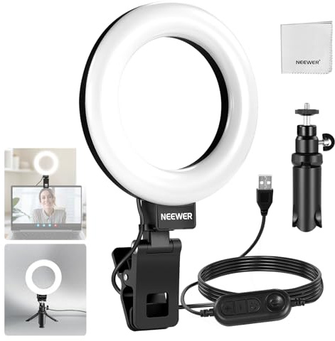 NEEWER Basics 5 Ringlicht mit Mini Stativ Ständer für Tisch Videokonferenz Licht, Clip on Streaming Set für Monitor Webcam Laptop Computer Make up Selfies Videoaufnahmen, Reinigungstuch, BR60