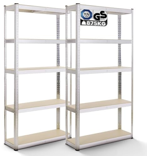 Arebos 2er Set Schwerlastregal 180 x 90 x 40 | 875kg Tragkraft | 0,63 mm | 5 verstellbare MDF-Platten Regal Lagerregal Kellerregal Steckregal Werkstattregal verzinkt