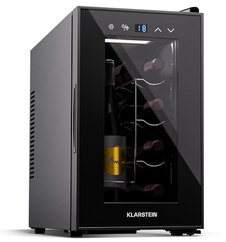 Klarstein Shiraz Weinkühlschrank Schwarz – 8 Flaschen, 1 Zone | Getränkekühlschrank mit Glastür, freistehend, leise, 5–18 °C, LED, Edelstahlrahmen