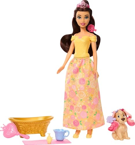 Mattel Disney Princess Belle Modepuppe und Hund mit Farbwechsel-Flecken | Enthält Hundefigur zum Baden und Stylen mit Badewanne, Bürste und Haarzubehör, von Disney-Film inspiriert, JFC42