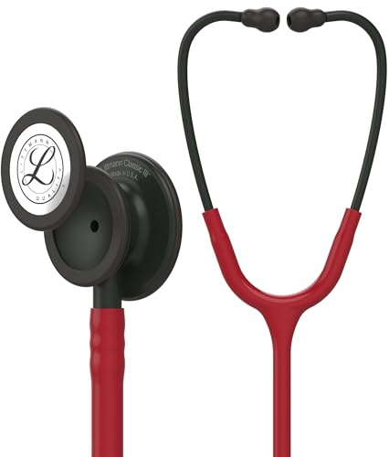 3M Littmann Classic III Stethoskop zur Überwachung, Black-Edition Bruststück, Schlauchanschluss und Ohrbügel in Schwarz, burgunderroter Schlauch, 69 cm, 5868