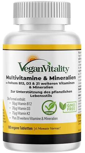 Vegan Multivitamin Tabletten hochdosiert - Vitamin b12 vegan & Eisen. 180 Multivitamin Tabletten Nahrungsergänzungsmittel - 6 Monate Vegan & Vegetarier - Alle Vitamine in einer Tablette