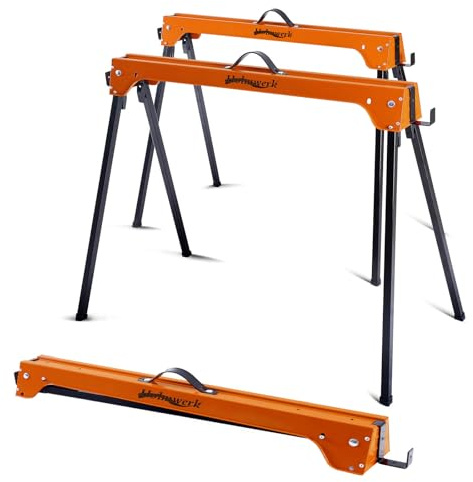 HOLMWERK Stahl-Arbeitsbock 2er-Set, klappbar, 1.000 kg Gesamtlast | Als Sägebock und Montagebock einsetzbar, je Bock bis 500 kg belastbar, automatische Beinverriegelung, Tragegriff, Fußkappen