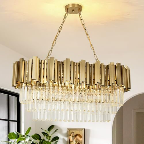 AOOCHOK Modern Kristall Kronleuchter Gold Pendelleuchte 80x35cm, Oval Kristall Hängeleuchte, Häengelampe für Wohnzimmer, Esszimmer, Schlafzimmer, Restaurant, E14 x 8
