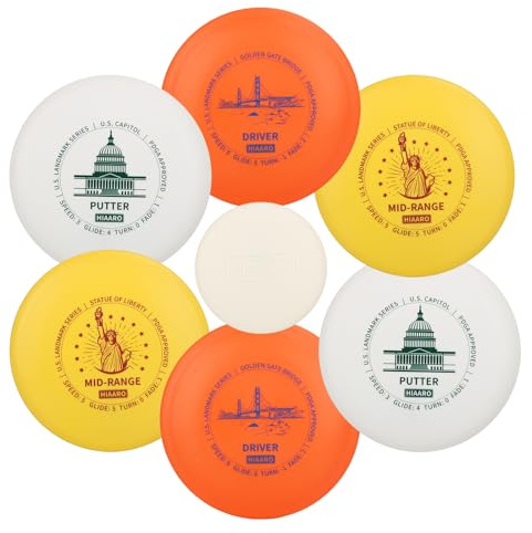 HIAARO Disc Golf Set für Anfänger | U.S. Landmark-Serie | Klasse 150, 145-150g | PDGA-zugelassen | Enthält 2Driver, 2Mid-Range, 2Putter, 1Mini Marker