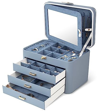 KAMIER Schmuckkästchen für Damen, Große Schmuckschatulle mit 4 Ebenen, Schmuckbox mit Spiegel und Schloss,Schmuckaufbewahrung für Ringe, Ohrringe, Halsketten, Armbänder, Geschenkidee für Mädchen