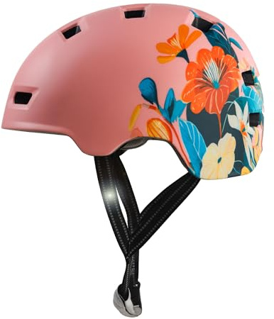 Crazy Safety RampagePink FlowerHelm für Fahrrad, Skateboard, Inlineskates und BMX Fahrradhelm für Herren, Damen und Kinder, Größe L, 57-61 cm, Verstellbarer Skater- und Fahrradhelm