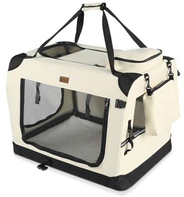 VOUNOT® Hundebox faltbar, Transportbox Katze Hunde, Hundetasche, Oxford-Gewebe, Netzstoff, Atmungsaktiv, Transportabel, Metallrahmen, mit Griffen, Taschen, 50x35x36cm S, Beige
