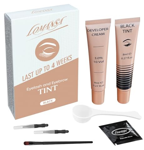 Lomansa Wimpernfarbe Schwarz, Augenbrauenfarbe und Wimpern Färben, 10 Anwendungen Intensiv Tönung, Zwei Bürstentypen für Einfache Bedienung, Geeignet für Anfänger und Salons