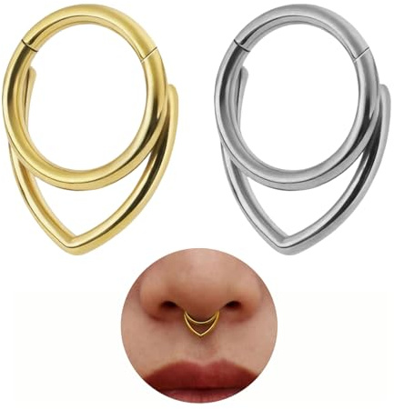 LIUYIDM 2 Stück Gestapelter Septumring, 16G Creolen 316L Stainless Steel | 8mm Klapp-Septum-Clicker, Nasenring-Piercing, Körper Piercing Lippenringe (Gold, Silber)