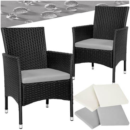 tectake® 2er Set Gartenstuhl aus Polyrattan, Gartenmöbel Set mit 2 Sessel, Outdoor Rattansessel inklusive Sitzpolster und 2 Bezugssets, rostfreie Edelstahlschrauben, pflegeleicht - schwarz/beige