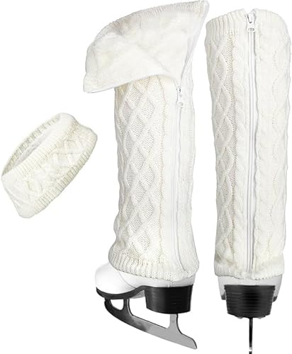 Beinwärmer und Stirnband Set für Eiskunstlauf Hockey Schlittschuhlaufen Eislaufen,Warm stricken Winter Fleece Gefüttert Beinwärmer und Stirnband für Ballett Dance.Ice Skating Zubehör (Weiß, Lang)