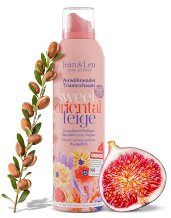 Jean & Len Verwöhnender Traumschaum Arganöl & Feige, Gel-to-Mousse Technologie, mit Vitamin E und pflanzlichem Glycerin, Duschschaum, ohne Parabene & Silikone, 200 ml