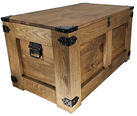 CREATIVE COOPER holzbox, schatztruhe, aufbewahrungsbox, tisch, rustikal truhentisch, couchtisch, 77x49x45 cm, Handarbeit holztruhe, Eco Holzöl Braun