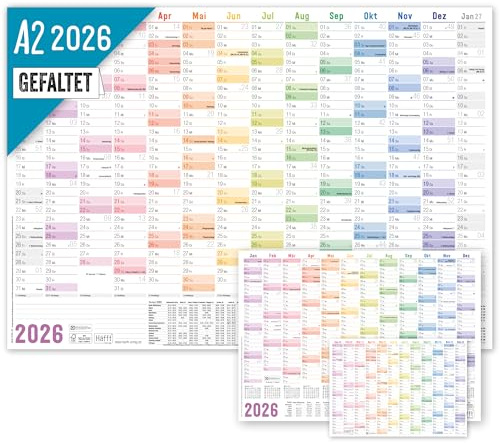 Häfft Wandkalender 2026 A2 gefalzt (59,4 x 42 cm) Rainbow | Wandplaner mit Ferien- und Feiertags-Übersicht, inkl. Gratis A3 + A4 Kalender