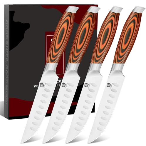 WILDMOK 4-teilig Steakmesserset 12,8cm Klinge aus Deutschem Stahl, Ergonomischer Griff Steakhouse Messerset