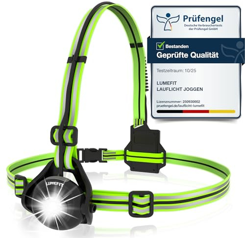 LUMEFIT Lauflicht mit Reflektoren, ideal zum Joggen und Laufen, mit 500 Lumen FrontTaschenlampe, 120° verstellbar, Laufgürtel mit rundum-Reflektoren, rotes Rücklicht, mit Akku (Grün)