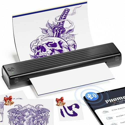 Itari A886 Tattoo Stencil Drucker Bluetooth, Schablone Drucker Übertragungskits Kompatibel mit Smartphone & PC, Thermodrucker Tattoo Maschine mit 10 Blätter Papier für Anfänger und Künstler, Schwarz