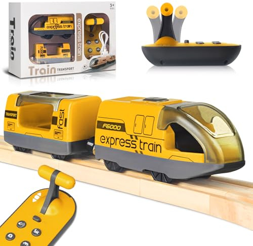 Beginreally Elektrisches Zugspielzeug für Holzschienen, Motorisierter Zug Fernbedienung mit 4 Sound- und Lichteffekten für Kinder 3 4 5 6+ Jahre, Kompatibel mit Thomas, Brio, Chuggington(Gelb)