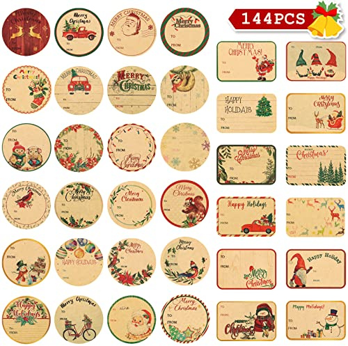 144 Stück Etiketten Selbstklebend Kraftpaier Weihnachten, Namensaufkleber Weihnachten Geschenkaufkleber Weihnachten Etiketten Aufkleber Vintage Namensschilder Geschenketikette(36 Designs)