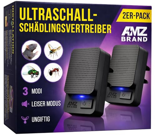 AMZ BRAND Ultraschall Schädlingsbekämpfer 2er Pack - Leistungsstarker Mäusevertreiber - 3 Arbeitsmodi - Breites Frequenzspektrum - Ideal für Mäuse, Ratten, Mücken, Kakerlaken, Motten, Ameisen