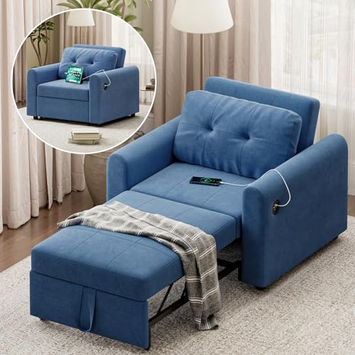 Luxstein Schlafsofa 190×84cm mit USB & Typ-C-Anschluss, 3-in-1 Schlafsessel, Sofa Bett, Verstellbare Rückenlehne, 3 Winkel, Mit Seitentasche, Ideal für Wohnzimmer Wohnungen, Blau