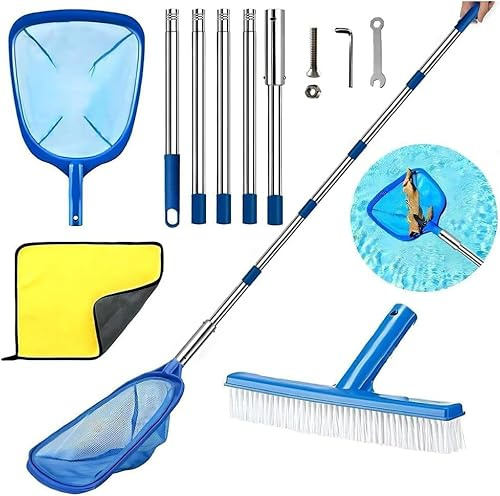 Pool Kescher mit Teleskopstange, Teichkescher Feinmaschig, Laubkescher Pool mit Poolbürste, Bodenkescher Pool, Pool Reinigungsset, für Schwimmbad, Spas, Teich, Whirlpools, Planschbecken (220cm)