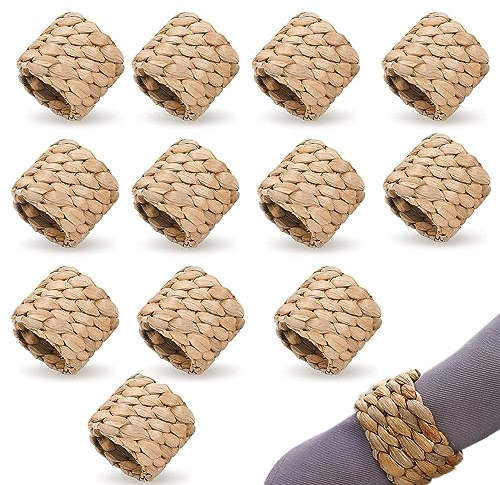 12Pcs Gras Serviette Ringe, Gewebte Serviette Ringe Set, Wasser Hyazinthe Serviettenringe, Rustikale Geflochtene Serviettenschnallen, für Tischdekoration, Hochzeit, Party, Alltag