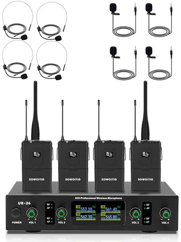 SOWOITIG Kabelloses Lavalier-Mikrofonsystem mit Headset- & Ansteckmikrofon, 4-Kanal UHF Funkmikrofon-Set mit Empfängern, 90 m Reichweite für Gesang, Kirche, Karaoke, Predigt, Hochzeit & Veranstaltung