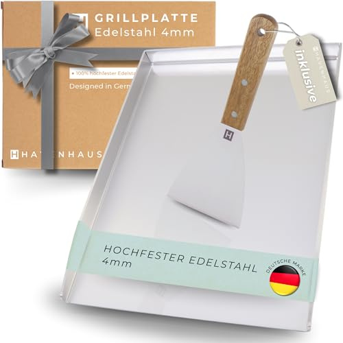 𝗛𝗔𝗩𝗘𝗡𝗛𝗔𝗨𝗦 Plancha Grillplatte Edelstahl [40x30cm] I Massive Grillplatte 4mm Plancha Grillplatte Gasgrill & Kohlegrill I Edelstahl Plancha 100% verzugsfrei I Edelstahlplatte Grill 4.2kg schwer