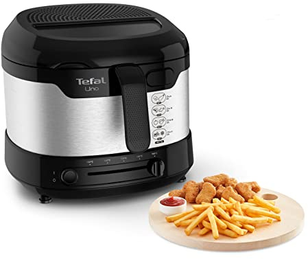 Tefal Uno M Fritteuse, 1470 Watt, Kapazität: 1 kg, Einstellbares Thermostat, Sichtfenster, Abtropfposition, Edelstahl, schwarz, Medium, FF215D
