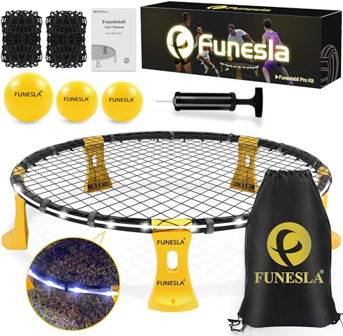 Funeslaball Outdoor Spieleset, Beleuchtetes Roundnet Spieleset Team Games bestehend aus Lichtleiste, Spielnetz & Wettkampfnetz, 3 Bällen, Kordelzug, Ballpumpe, Spiel für Garten, Strand, Park, drinnen