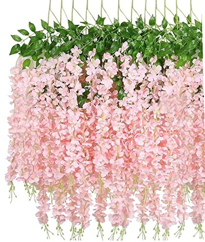 Künstliche Glyzinien-Blumen-Girlande, 100 cm, Seidenblumen, hängende Rebe für drinnen und draußen, Haus, Garten, Weihnachten, Hochzeit, Party, Dekoration, 12 Stück (Rosa)