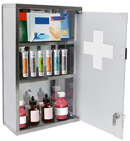 JOIEYOU Medizinschrank, Apothekerschrank aus Edelstahl, Medikamentenschrank mit 3 Fächer, Arzneischrank hängend Medikamenten Aufbewahrung 30x12x50 cm