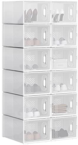 WOLTU Schuhregal mit 12 stapelbaren Schuhboxen Schuhschrank Regalsystem mit Magnetverschluss Steckregal aus Kunststoff DIY 25x19x35 cm transparent weiß