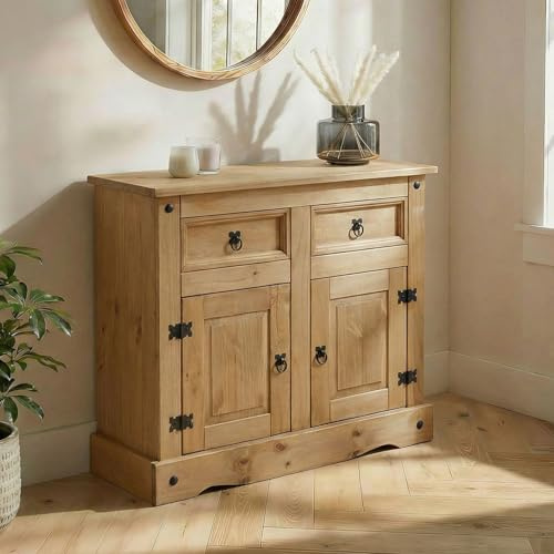 CARO-Möbel Kommode Salsa, Kommode Kiefer massiv gebeizt, mit 2 Schubladen und 2 Türen, Landhausstil, Landhaus, Buffetschrank