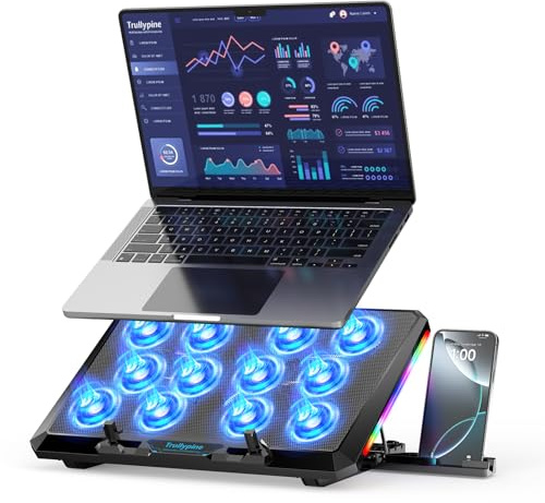 Trullypine Laptop Kühlpad für 12-17,3 Zoll, leistungsstarke 12 leise Lüfter, schnelle Kühlung, ergonomischer Notebook Cooler Ständer, 5 höhenverstellbar, 2 USB-Anschlüsse, Telefonhalter (Getriebe)