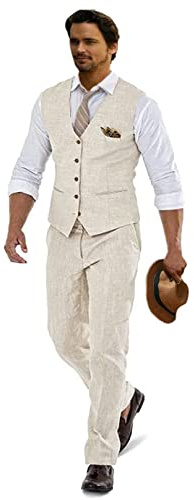 Furuyal Leinenanzüge für Herren, lässig, Hochzeit, 2-teilig, Anzüge für Trauzeugen, Smoking, Sommer, Strand, Abschlussball, Weste und Hose, Beige, XL