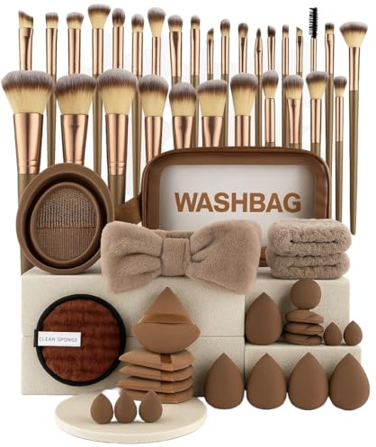 56-teiliges Make-up Pinselset mit Schwämmen, Stirnband & Tasche – Profi-Qualität